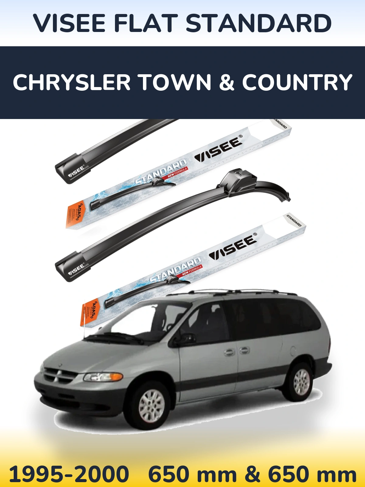 Front wiper blade set VISEE FLAT STANDARD 650 & 650 mm for Chrysler Town & Country 1995-2000