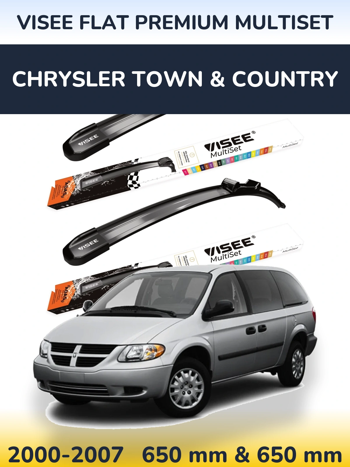 Front wiper blade set VISEE FLAT PREMIUM MultiSet 650 & 650 mm for Chrysler Town & Country 2000-2007