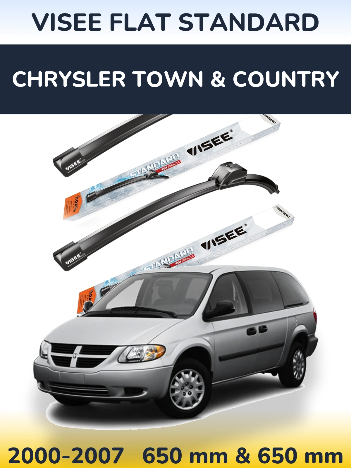 Front wiper blade set VISEE FLAT STANDARD 650 & 650 mm for Chrysler Town & Country 2000-2007