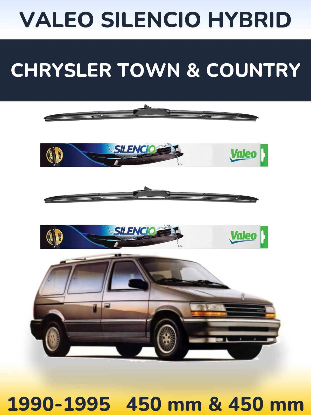 Front wiper blade set Valeo Silencio Hybrid 450 & 450 mm for Chrysler Town & Country 1990-1995