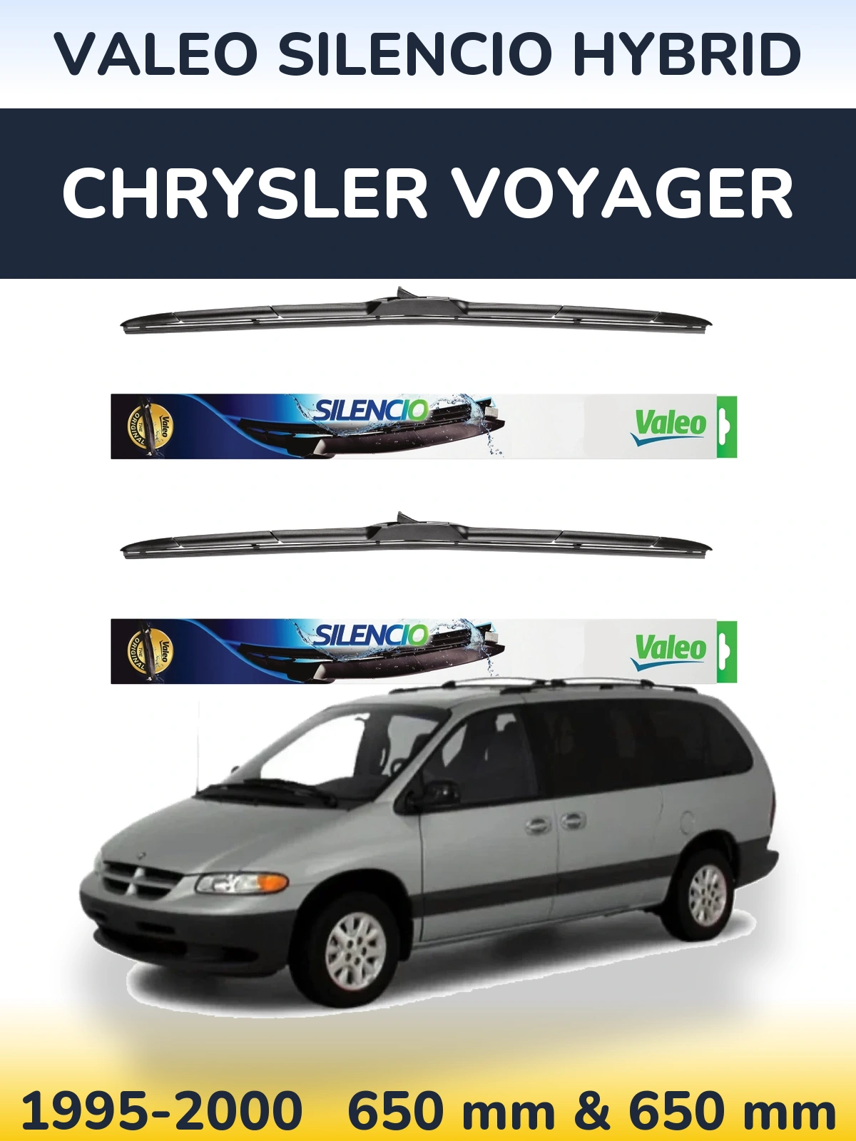 Front wiper blade set Valeo Silencio Hybrid 650 & 650 mm for Chrysler Voyager 1995-2000
