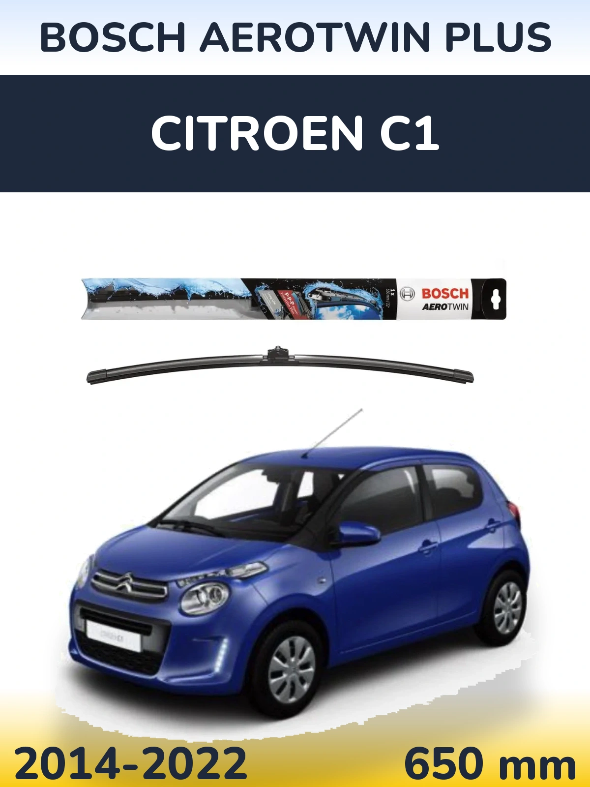 Передний дворник BOSCH AeroTwin Plus 650 мм для Citroen C1 2014-2022