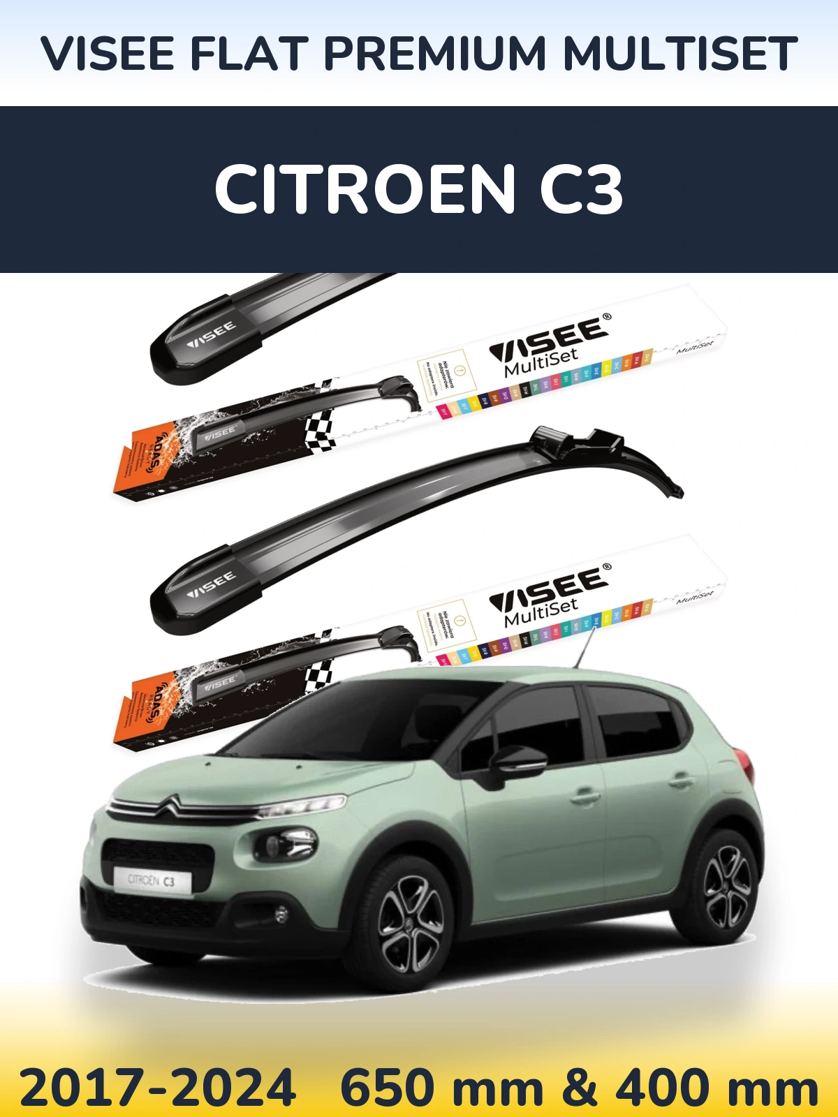 Комплект передних дворников VISEE FLAT PREMIUM MultiSet 650 & 400 мм для Citroen C3 2017-2024