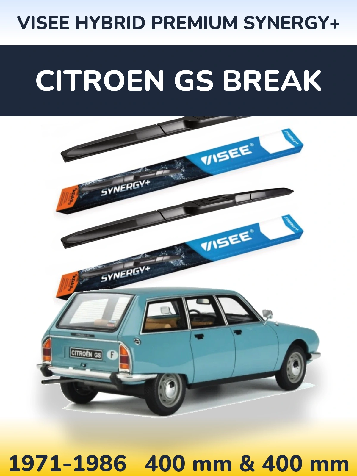 Front wiper blade set VISEE HYBRID PREMIUM SYNERGY+ 400 & 400 mm for Citroen GS Break 1971-1986