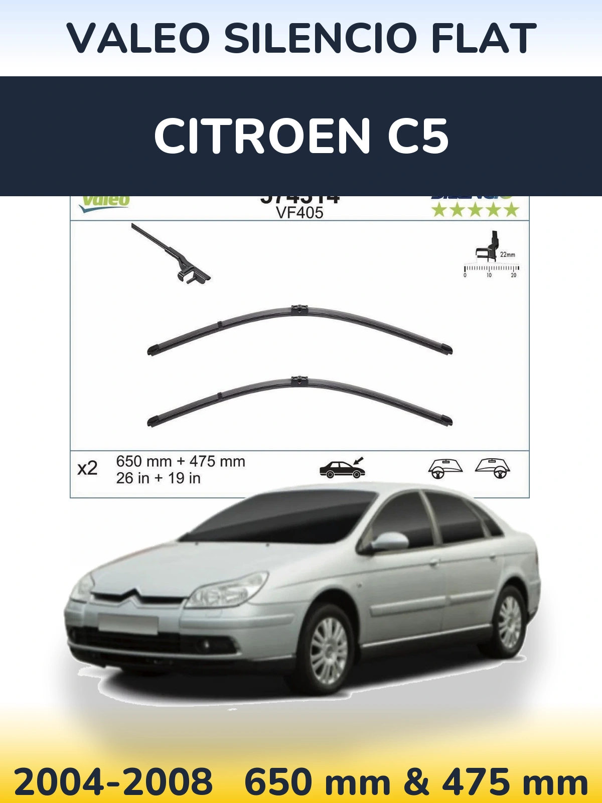 Komplet przednich wycieraczek Valeo Silencio Flat 650 & 475 mm do Citroen C5 2004-2008
