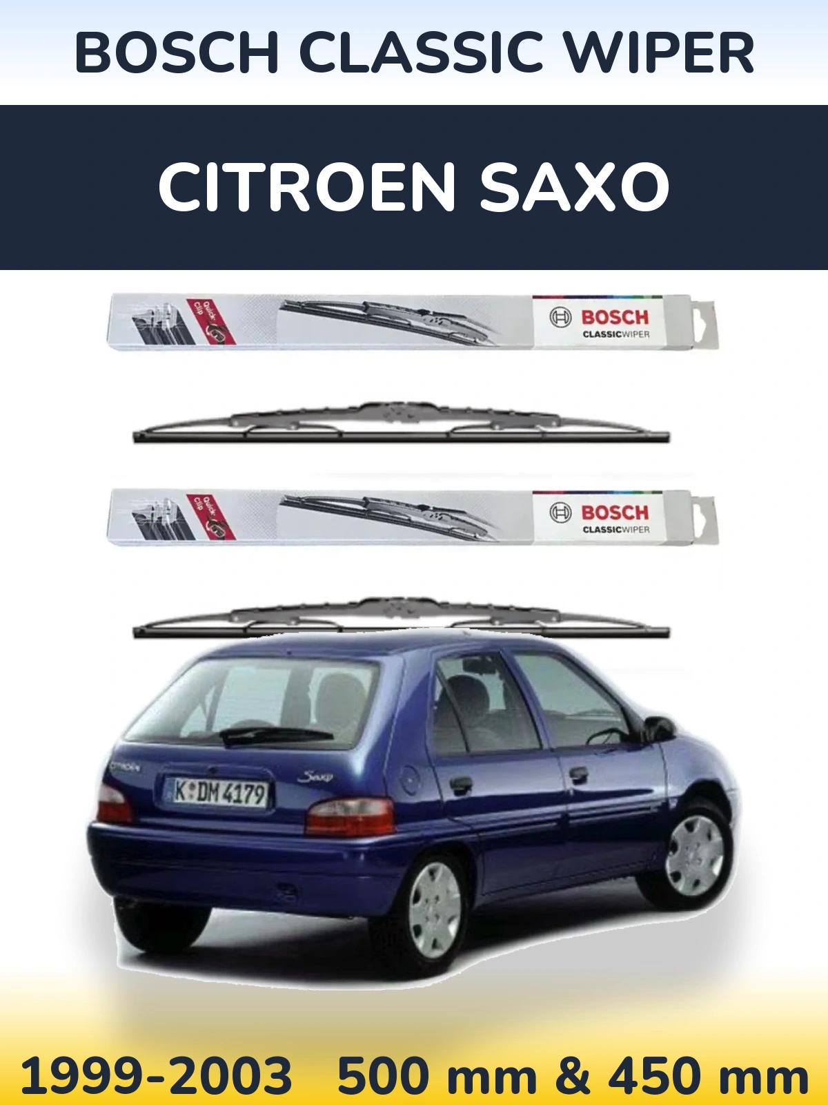 Front wiper blade set BOSCH Classic Wiper 500 & 450 mm for Citroen Saxo 1999-2003