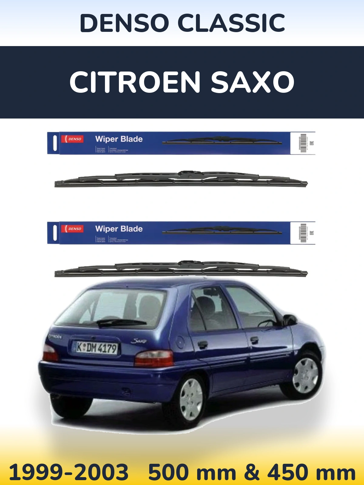 Front wiper blade set Denso Classic 500 & 450 mm for Citroen Saxo 1999-2003
