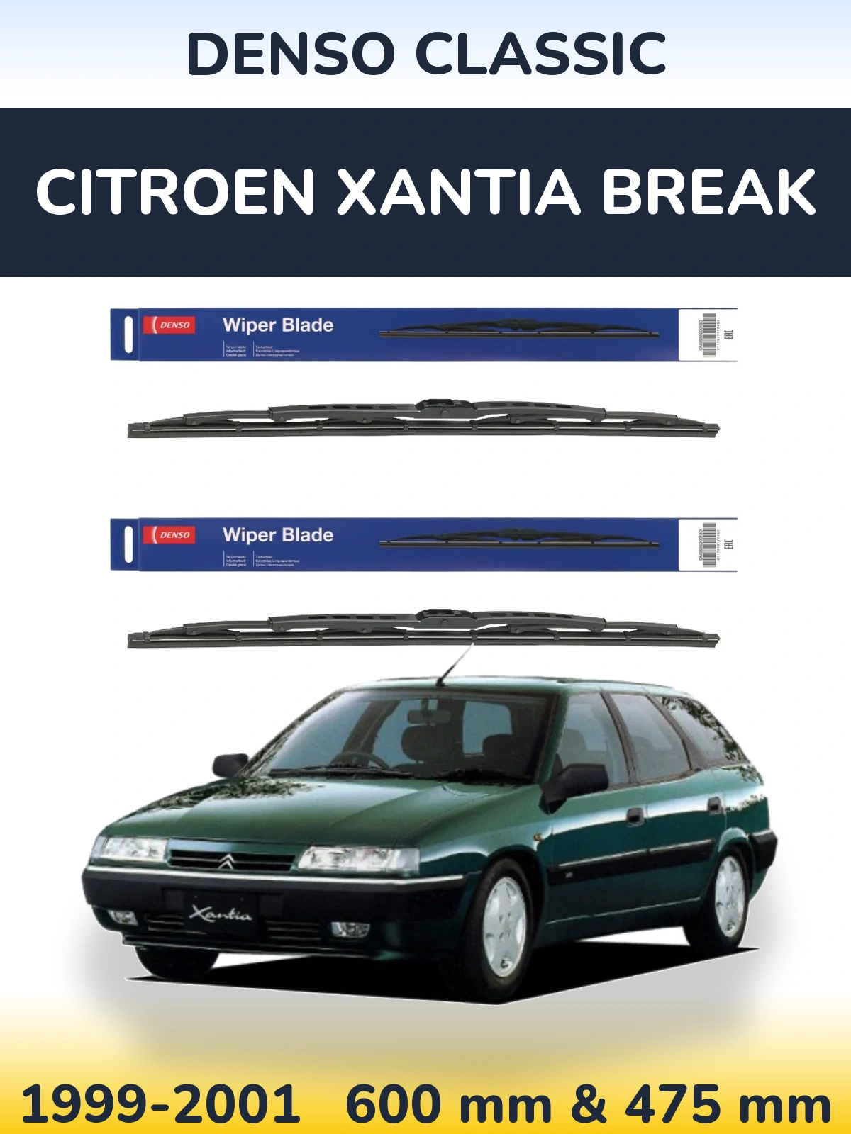 Komplet przednich wycieraczek Denso Classic 600 & 475 mm do Citroen Xantia Break 1999-2001