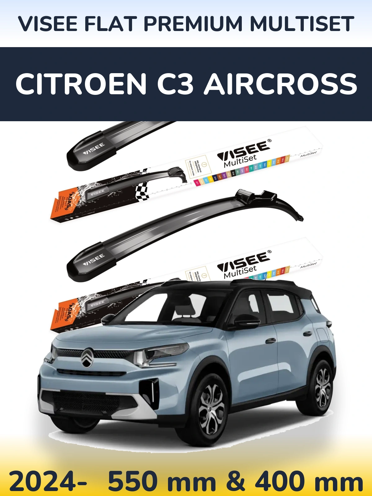 Front wiper blade set VISEE FLAT PREMIUM MultiSet 550 & 400 mm for Citroen C3 Aircross 2024-2026