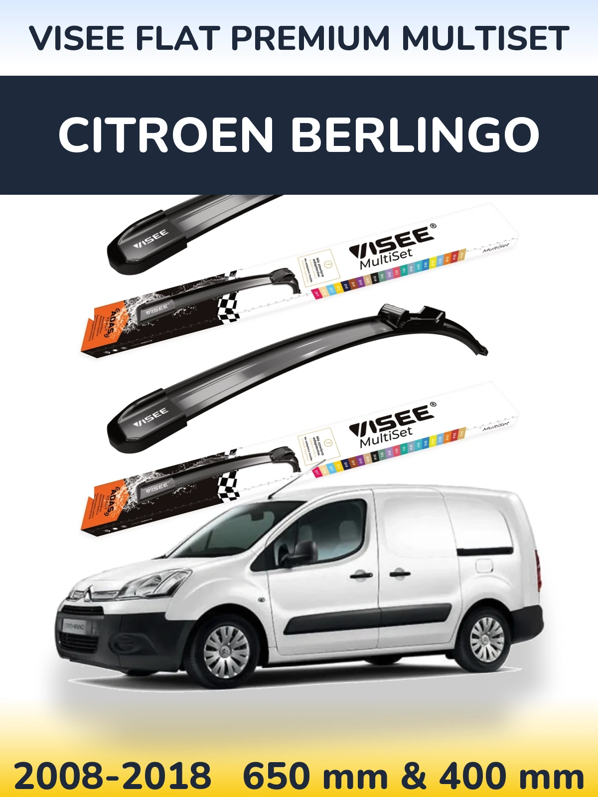 Komplet przednich wycieraczek VISEE FLAT PREMIUM MultiSet 650 & 400 mm do Citroen Berlingo 2008-2018