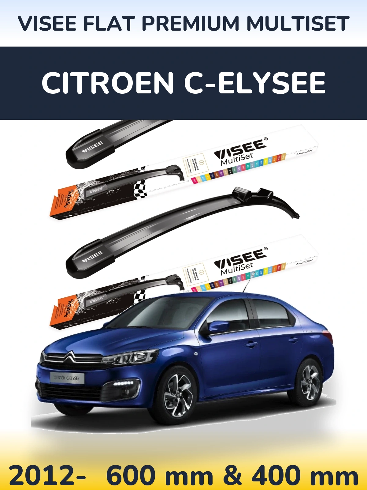 Комплект передніх щіток VISEE FLAT PREMIUM MultiSet 600 & 400 мм для Citroen C-Elysee 2012-2026