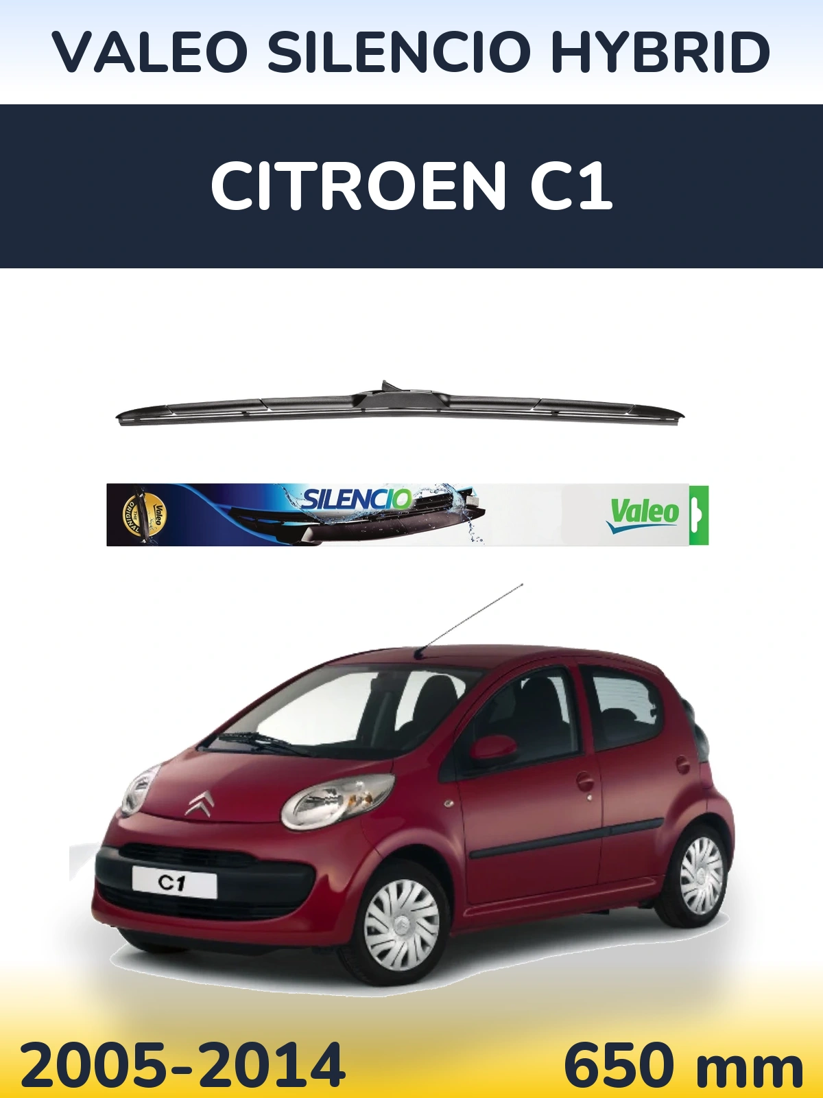 Front wiper blade Valeo Silencio Hybrid 650 mm for Citroen C1 2005-2014