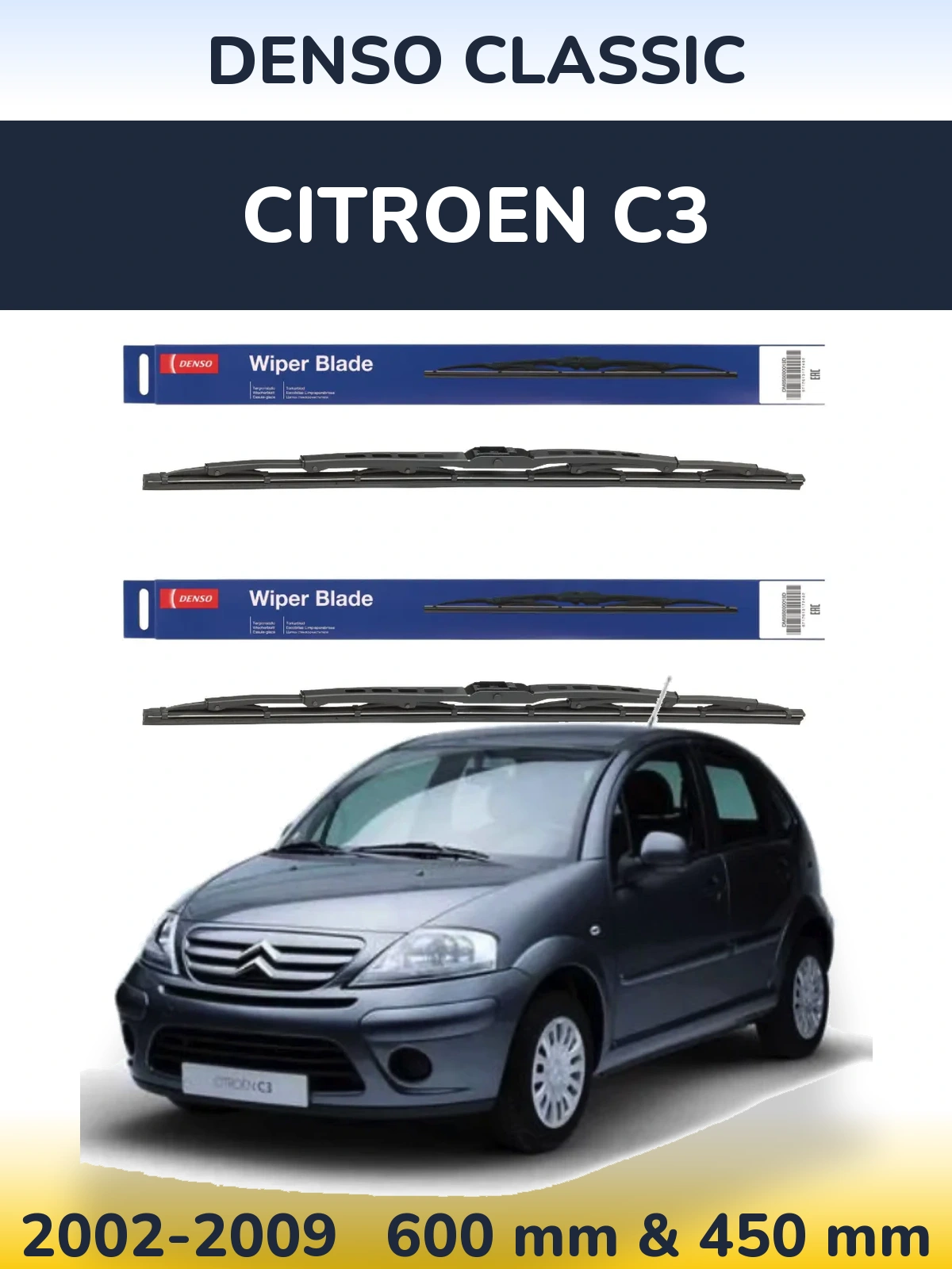 Front wiper blade set Denso Classic 600 & 450 mm for Citroen C3 2002-2009