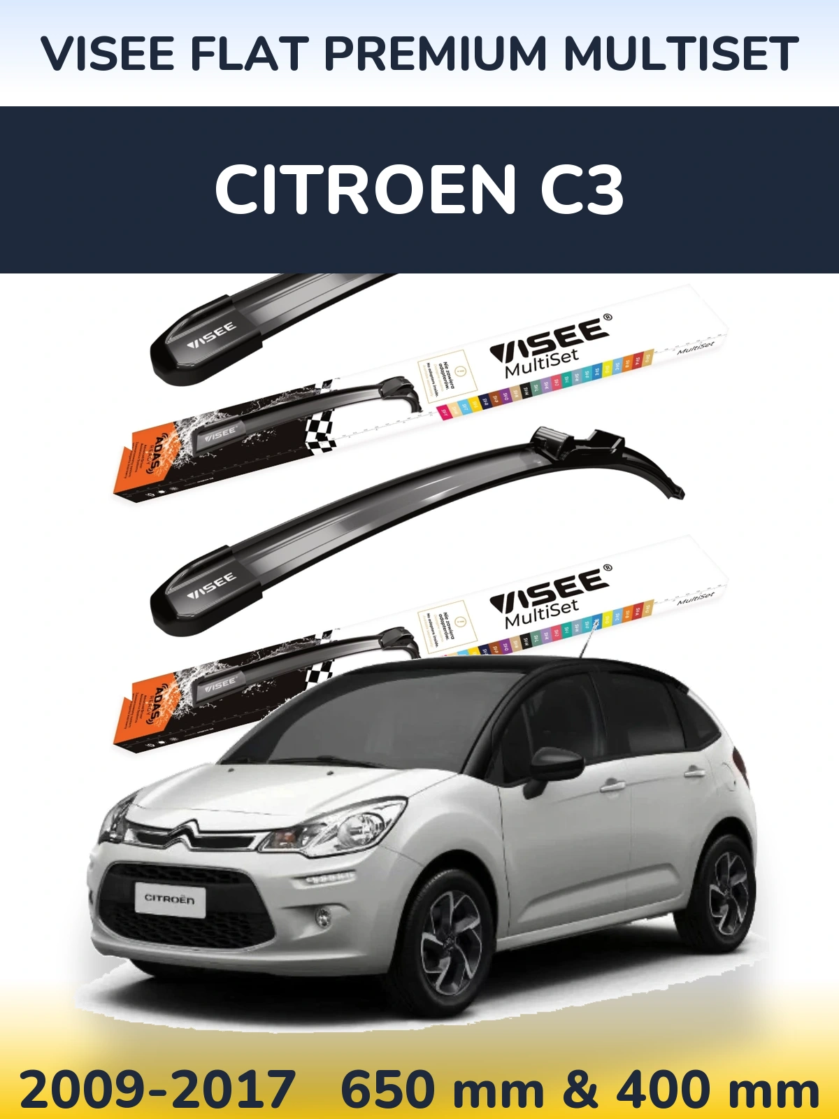 Комплект передних дворников VISEE FLAT PREMIUM MultiSet 650 & 400 мм для Citroen C3 2009-2017