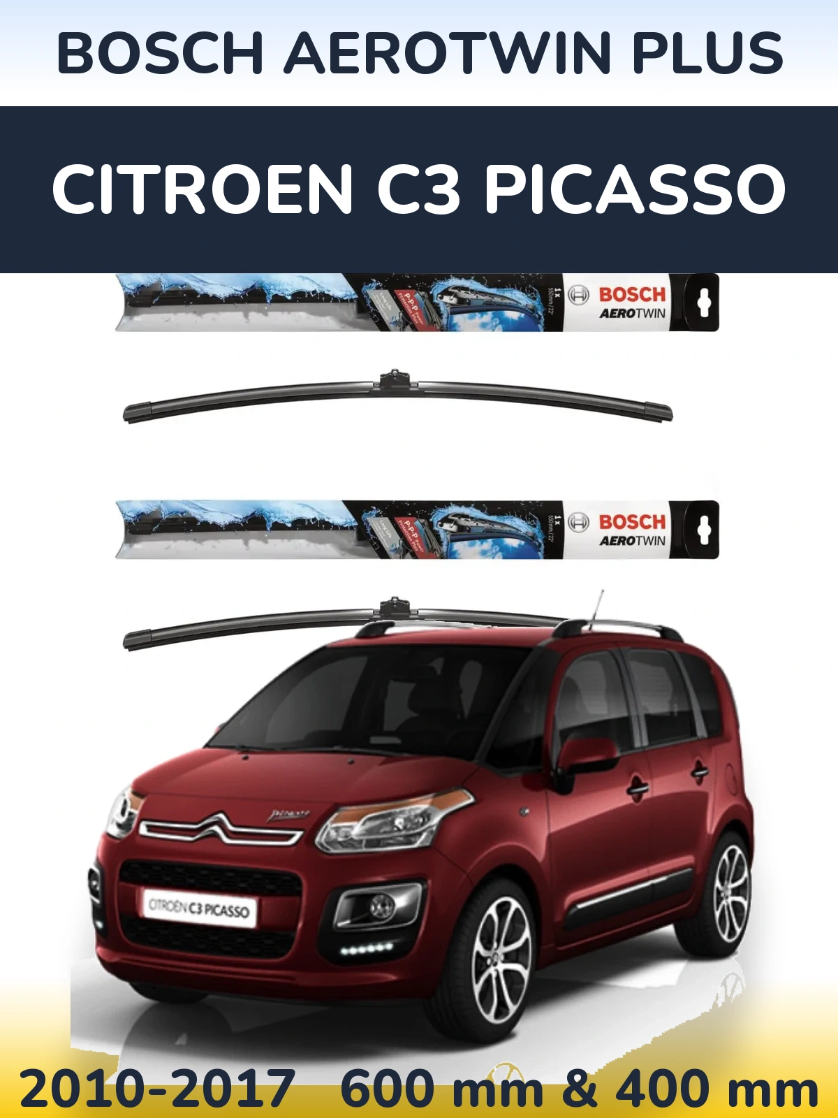 Комплект передніх щіток BOSCH AeroTwin Plus 600 & 400 мм для Citroen C3 Picasso 2010-2017