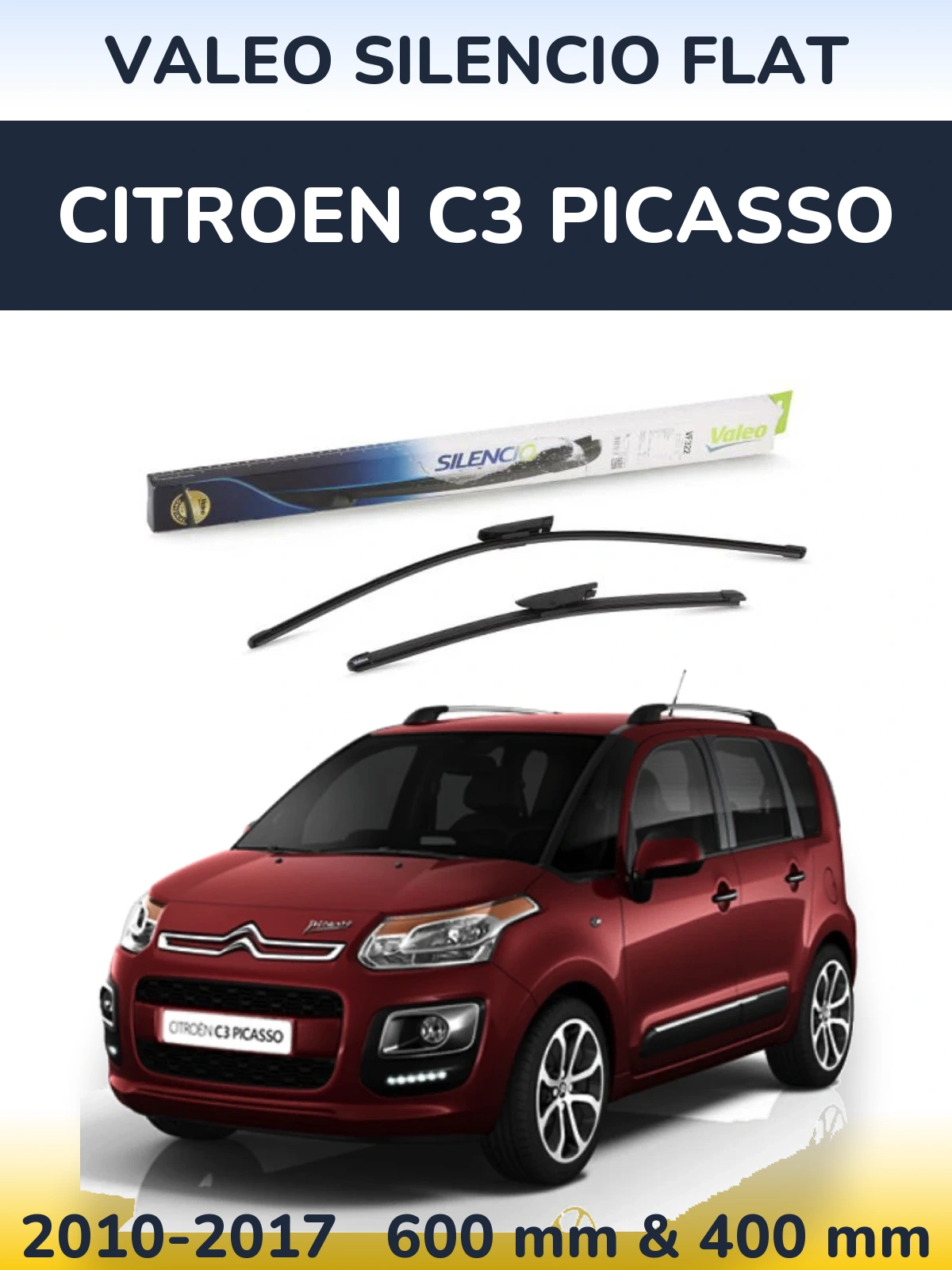 Front wiper blade set Valeo Silencio Flat 600 & 400 mm for Citroen C3 Picasso 2010-2017