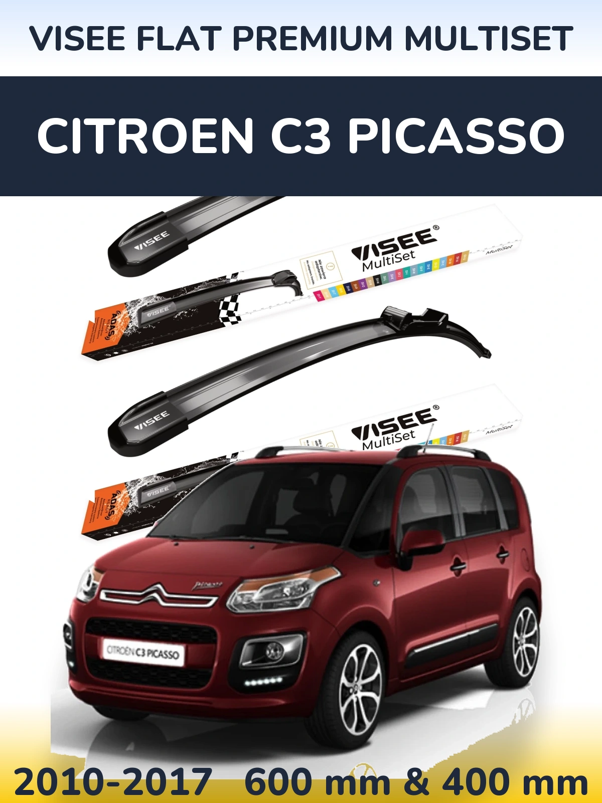 Комплект передних дворников VISEE FLAT PREMIUM MultiSet 600 & 400 мм для Citroen C3 Picasso 2010-2017
