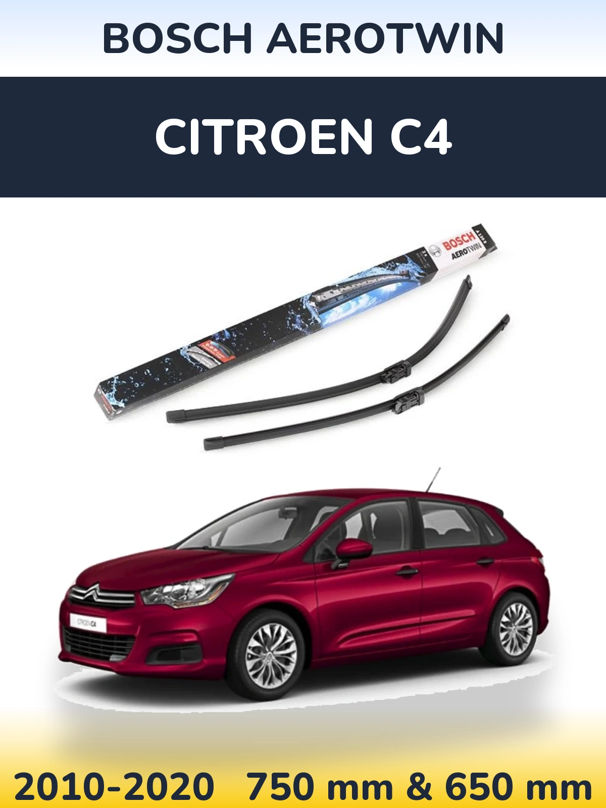 Front wiper blade set BOSCH AeroTwin 750 & 650 mm for Citroen C4 2010-2020