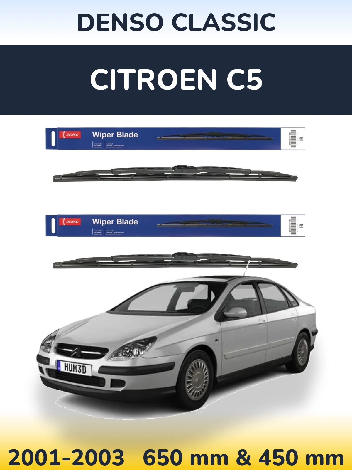 Front wiper blade set Denso Classic 650 & 450 mm for Citroen C5 2001-2003