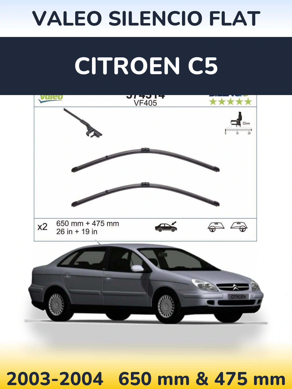 Комплект передних дворников Valeo Silencio Flat 650 & 475 мм для Citroen C5 2003-2004