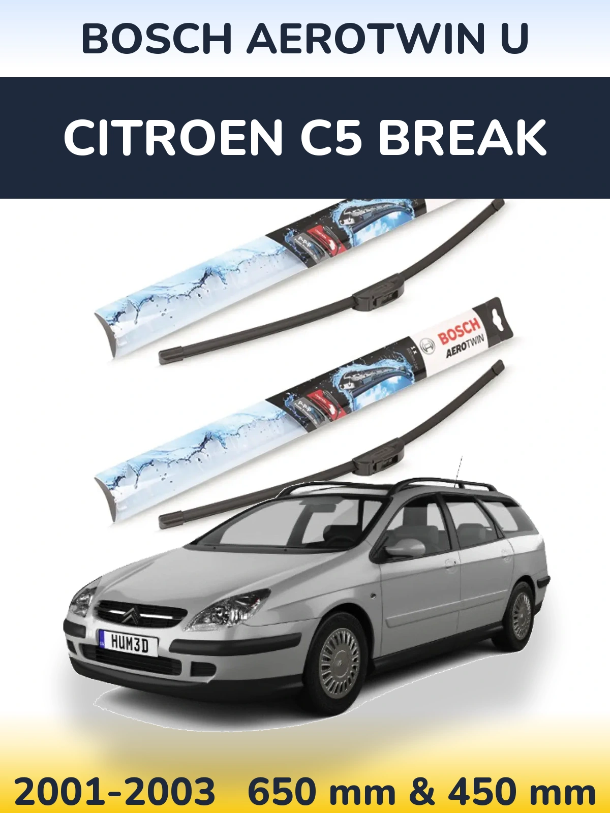 Front wiper blade set BOSCH AeroTwin U 650 & 450 mm for Citroen C5 Break 2001-2003