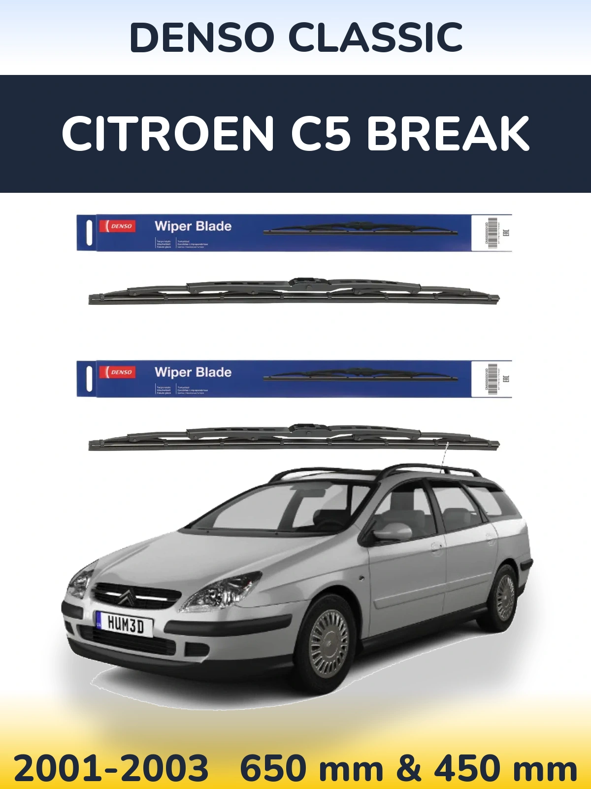 Front wiper blade set Denso Classic 650 & 450 mm for Citroen C5 Break 2001-2003