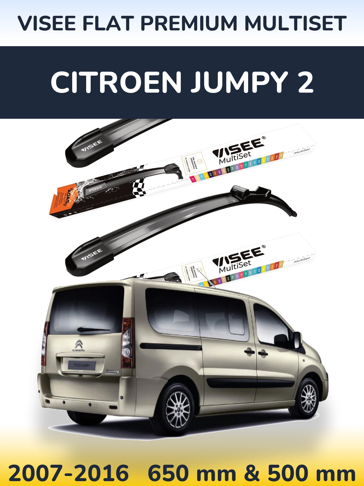 Комплект передних дворников VISEE FLAT PREMIUM MultiSet 650 & 500 мм для Citroen Jumpy 2 2007-2016