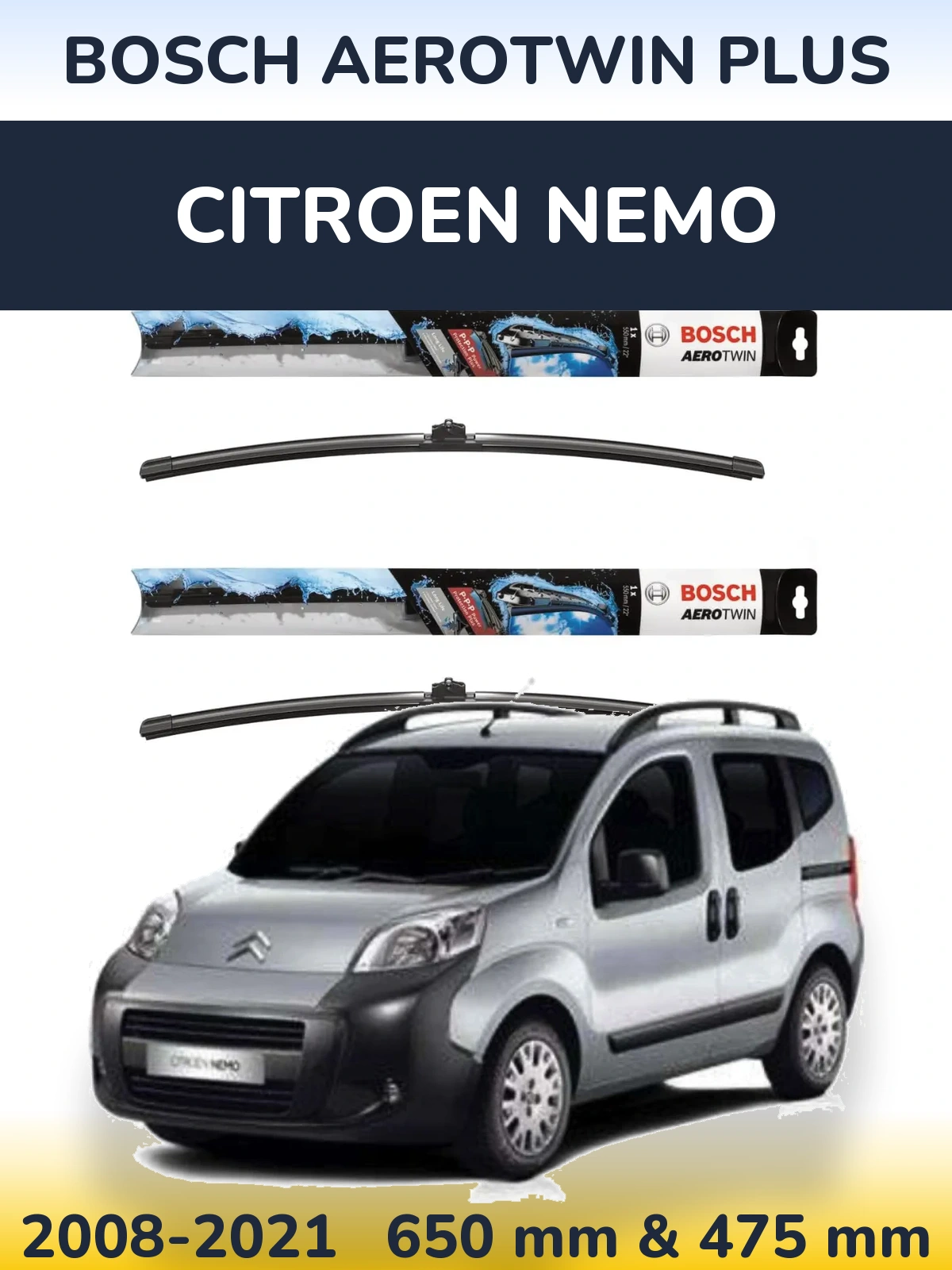 Komplet przednich wycieraczek BOSCH AeroTwin Plus 650 & 475 mm do Citroen Nemo 2008-2021