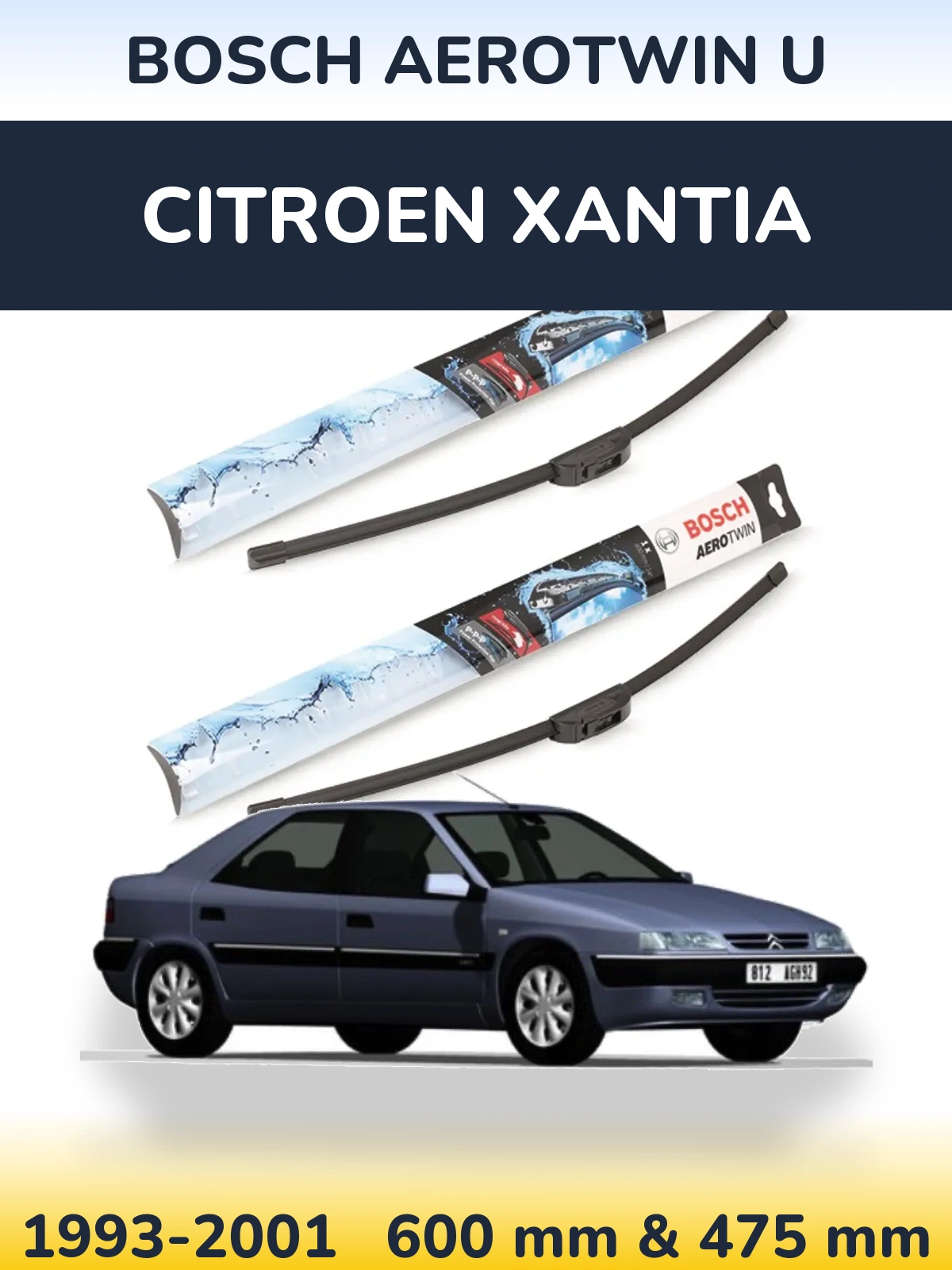 Комплект передних дворников BOSCH AeroTwin U 600 & 475 мм для Citroen Xantia 1993-2001