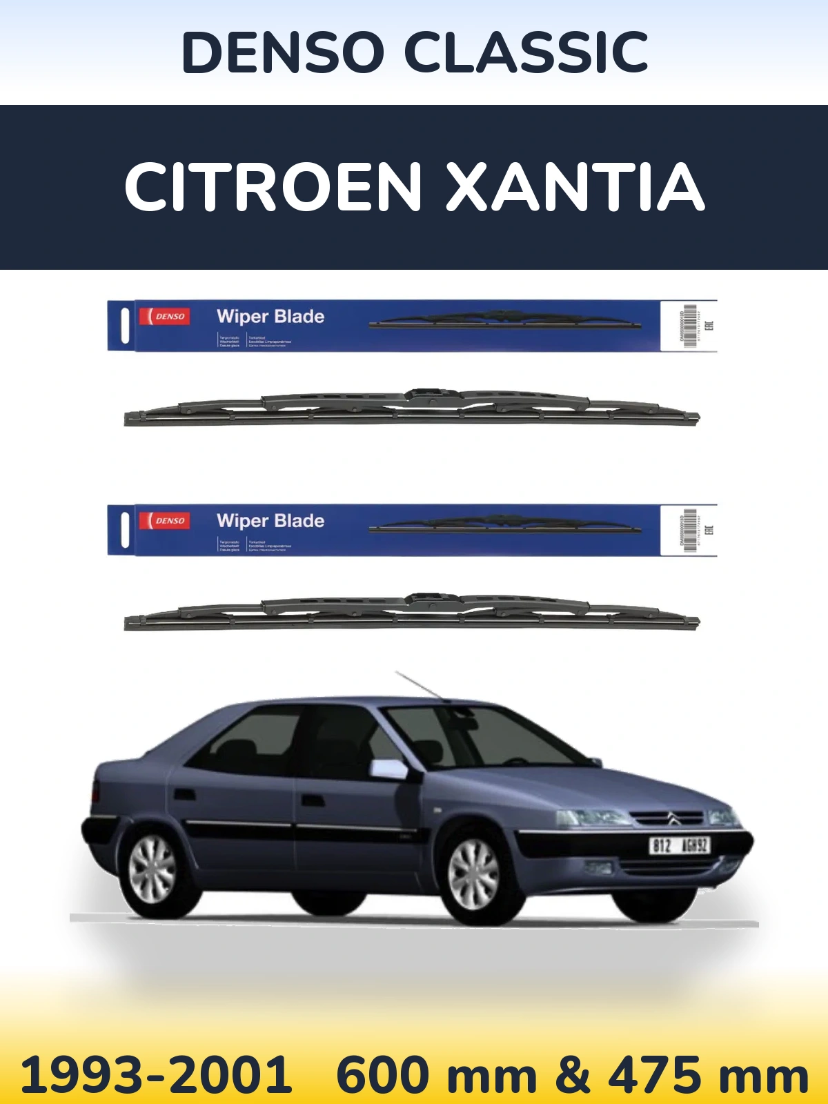 Front wiper blade set Denso Classic 600 & 475 mm for Citroen Xantia 1993-2001