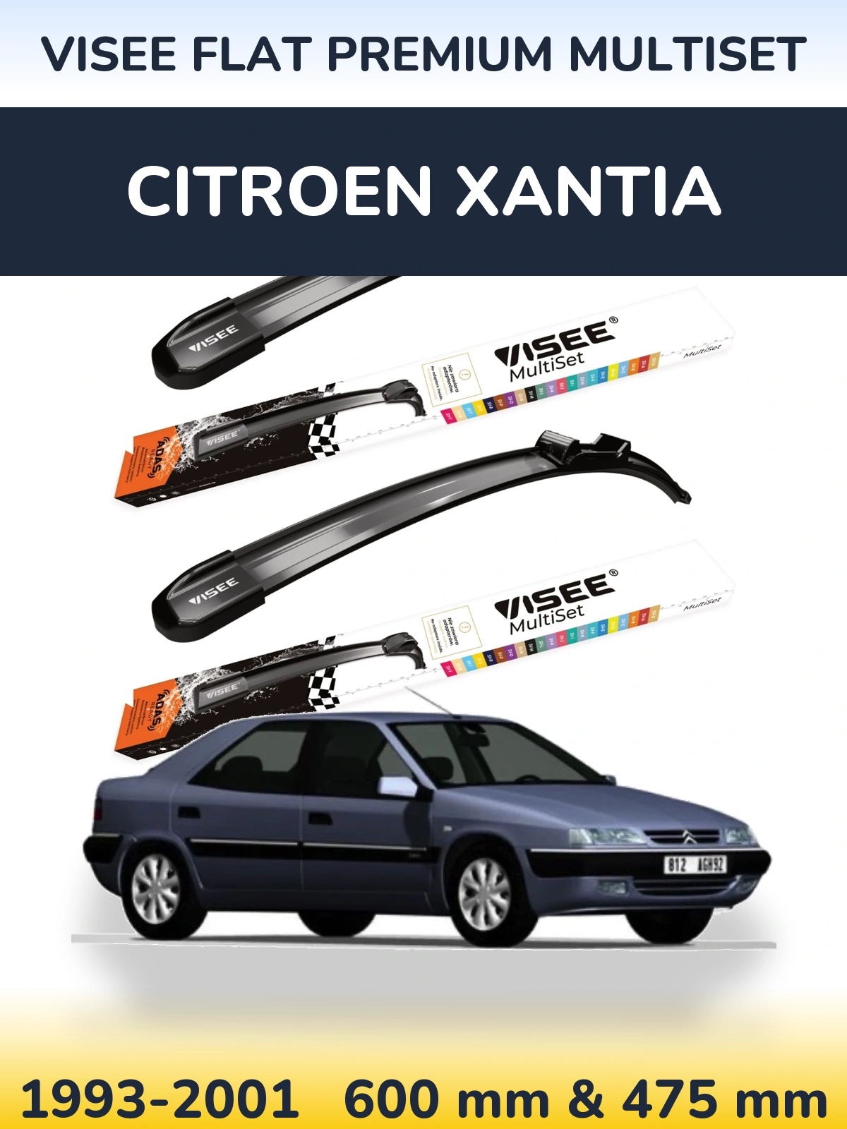 Front wiper blade set VISEE FLAT PREMIUM MultiSet 600 & 475 mm for Citroen Xantia 1993-2001