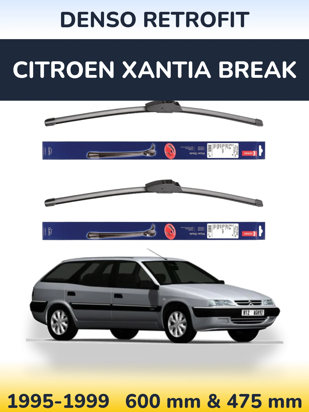 Front wiper blade set Denso Retrofit 600 & 475 mm for Citroen Xantia Break 1995-1999