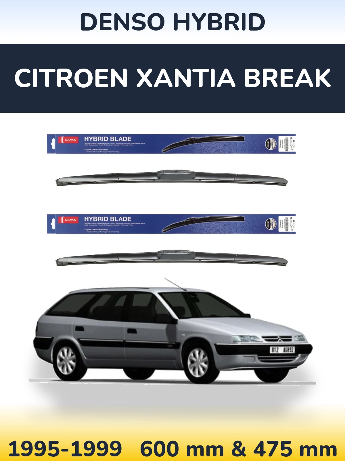 Комплект передних дворников Denso Hybrid 600 & 475 мм для Citroen Xantia Break 1995-1999