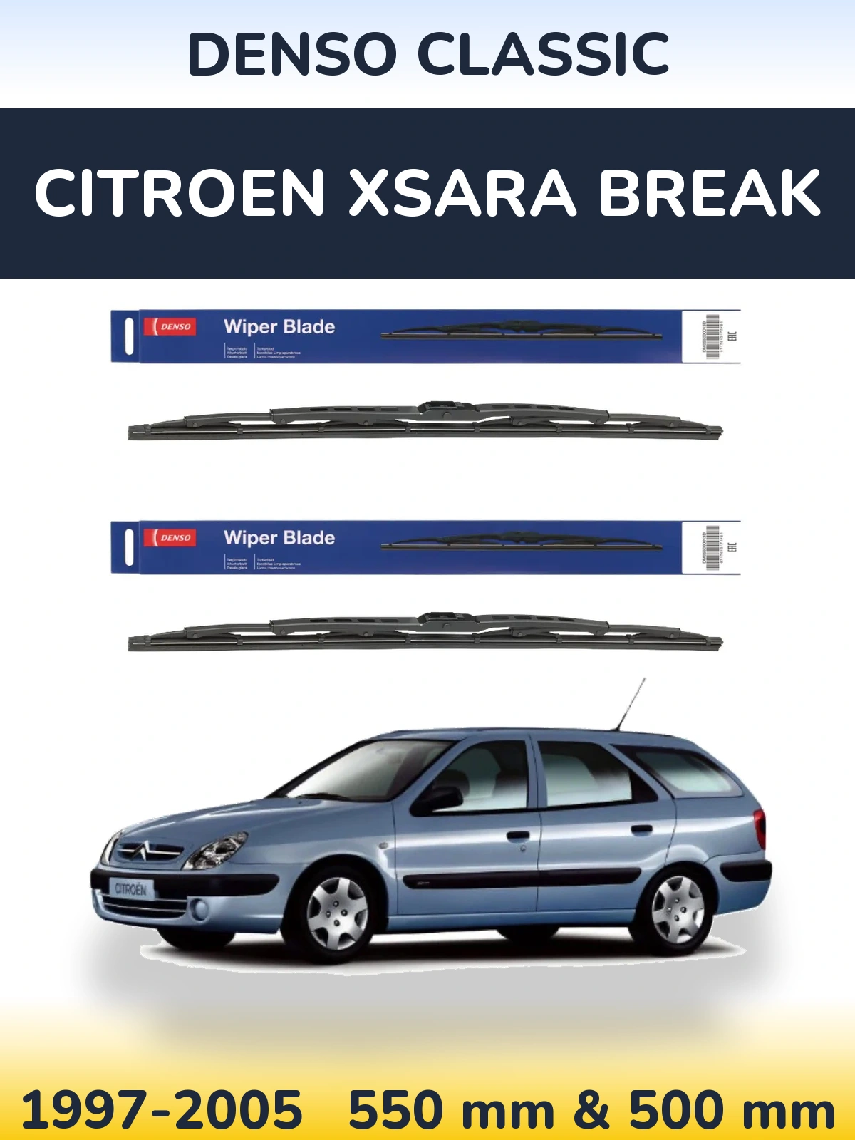 Front wiper blade set Denso Classic 550 & 500 mm for Citroen Xsara Break 1997-2005