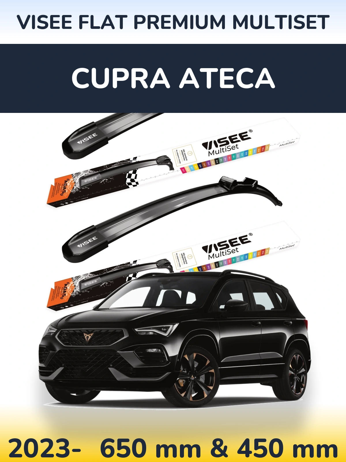 Комплект передніх щіток VISEE FLAT PREMIUM MultiSet 650 & 450 мм для Cupra Ateca 2023-2026