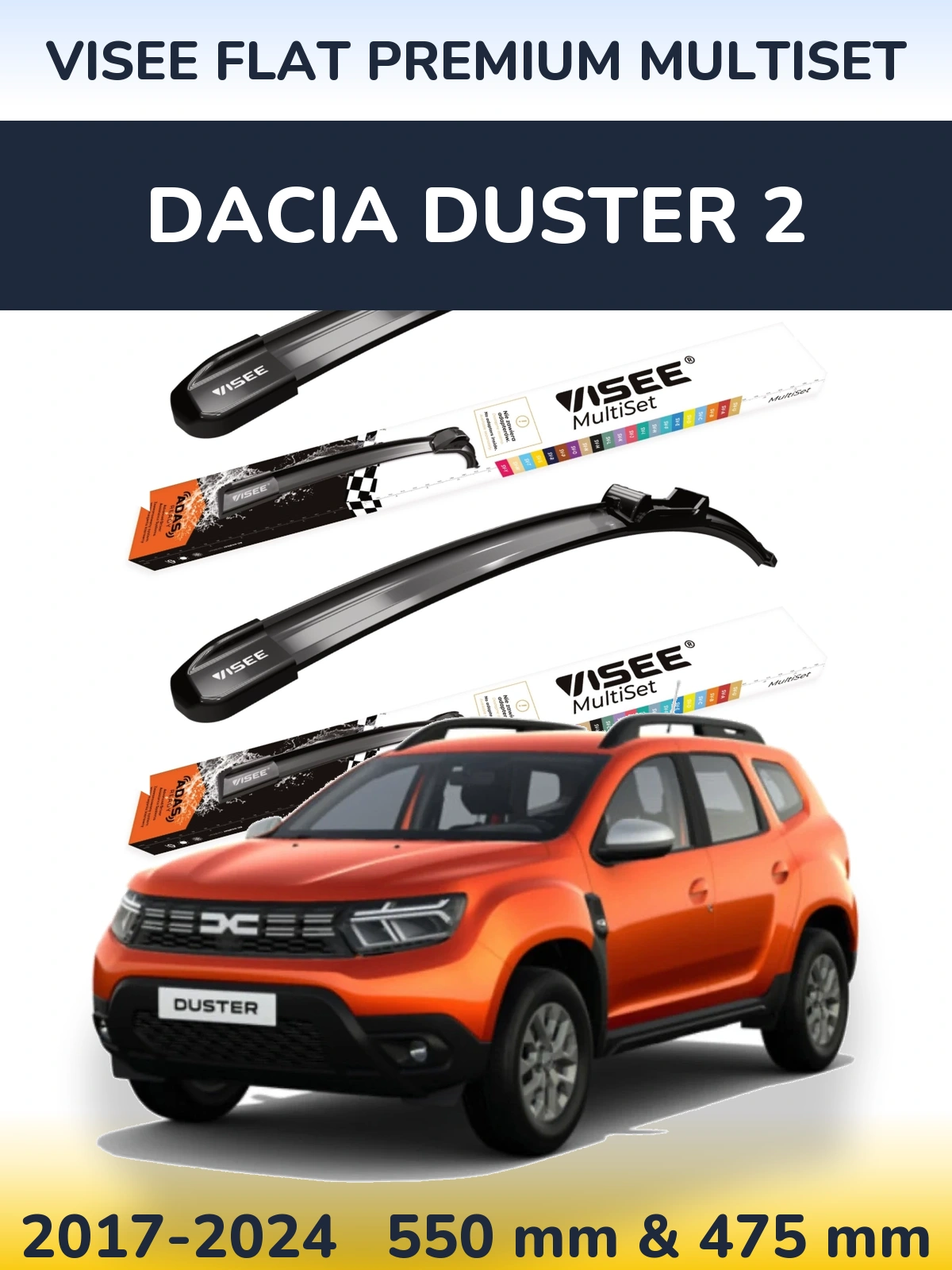 Komplet przednich wycieraczek VISEE FLAT PREMIUM MultiSet 550 & 475 mm do Dacia Duster 2 2017-2024
