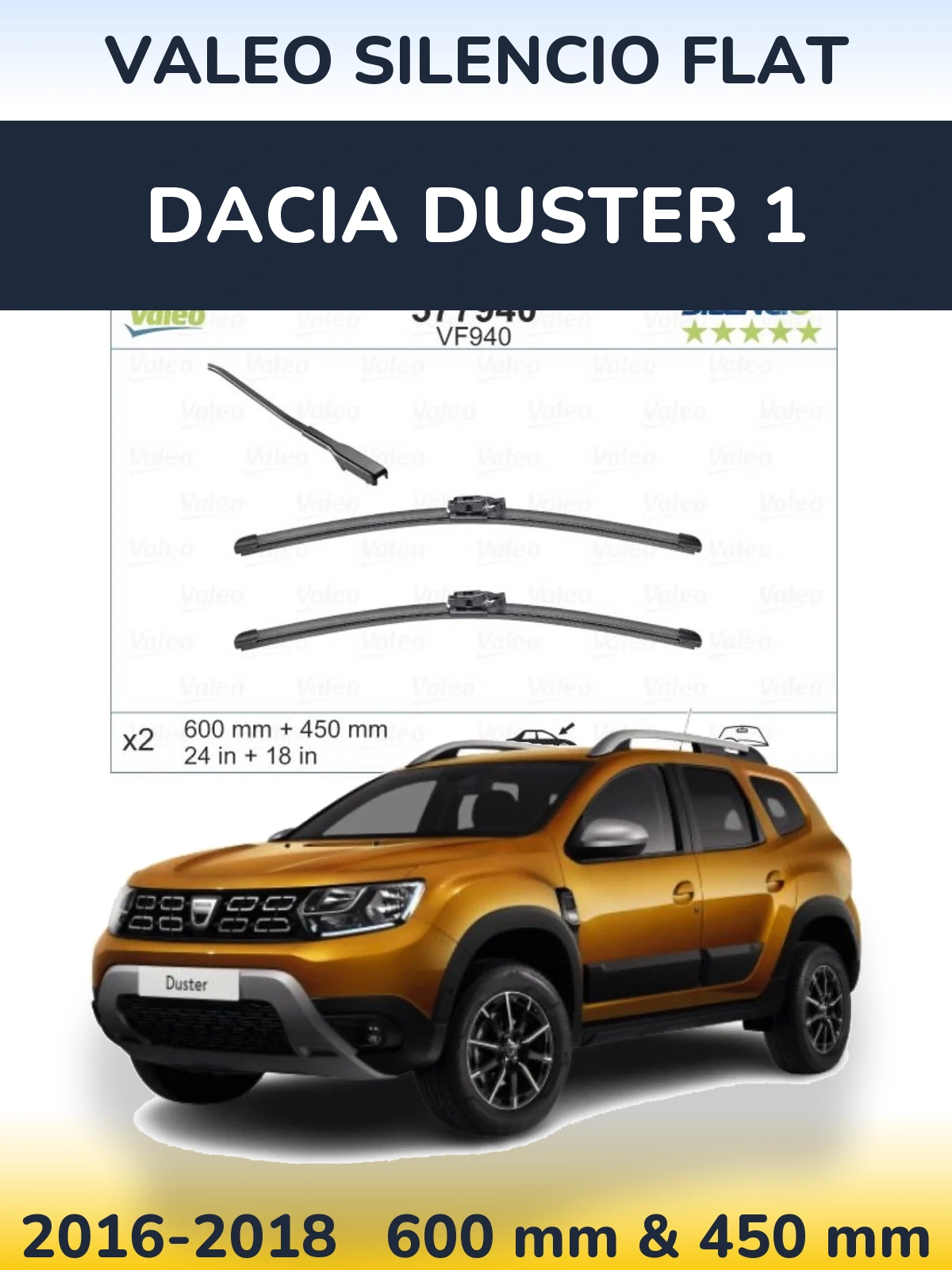 Комплект передних дворников Valeo Silencio Flat 600 & 450 мм для Dacia Duster 1 2016-2018