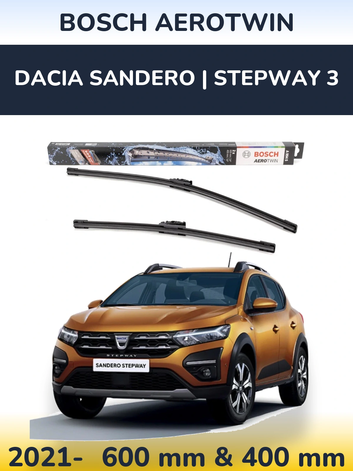 Комплект передніх щіток BOSCH AeroTwin 600 & 400 мм для Dacia Sandero | Stepway 3 2021-2026