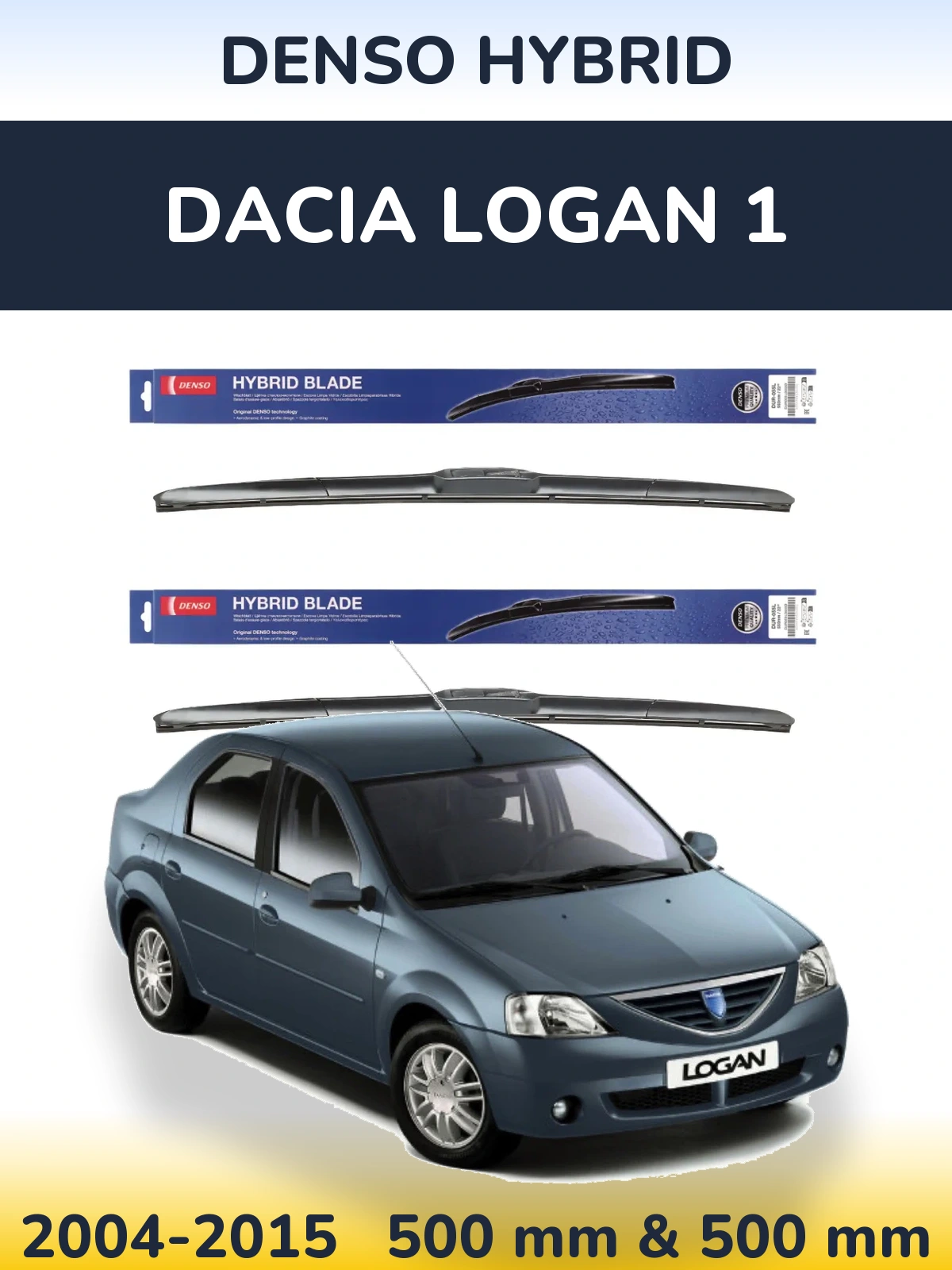 Front wiper blade set Denso Hybrid 500 & 500 mm for Dacia Logan 1 2004-2015
