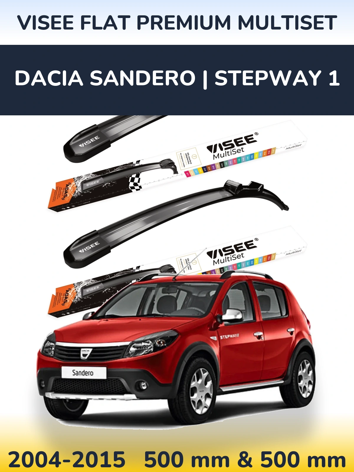 Комплект передних дворников VISEE FLAT PREMIUM MultiSet 500 & 500 мм для Dacia Sandero | Stepway 1 2004-2015