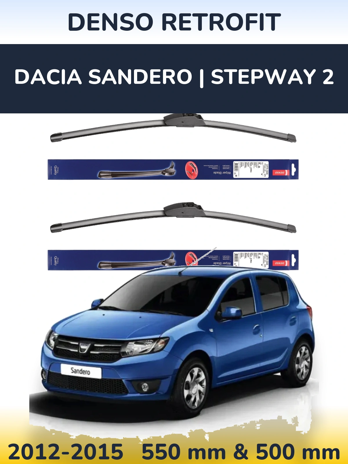 Front wiper blade set Denso Retrofit 550 & 500 mm for Dacia Sandero | Stepway 2 2012-2015
