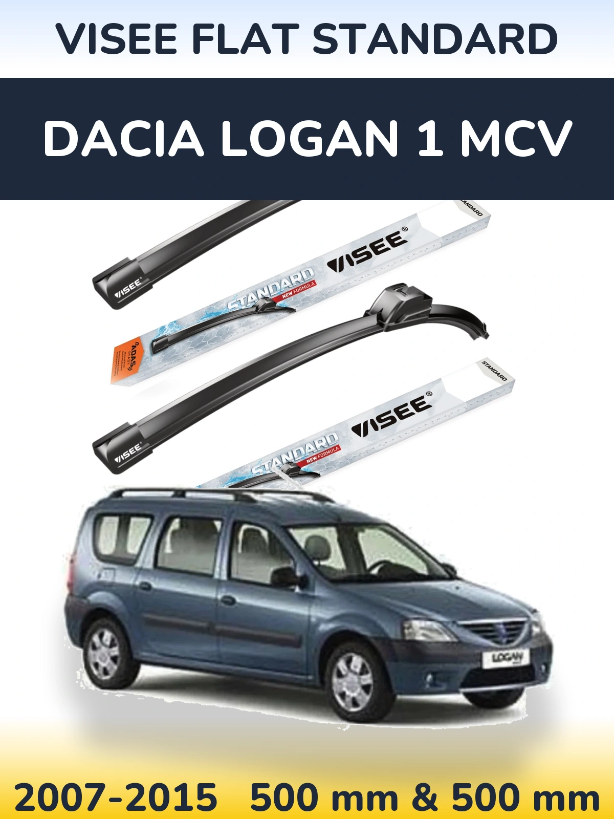 Комплект передних дворников VISEE FLAT STANDARD 500 & 500 мм для Dacia Logan 1 MCV 2007-2015
