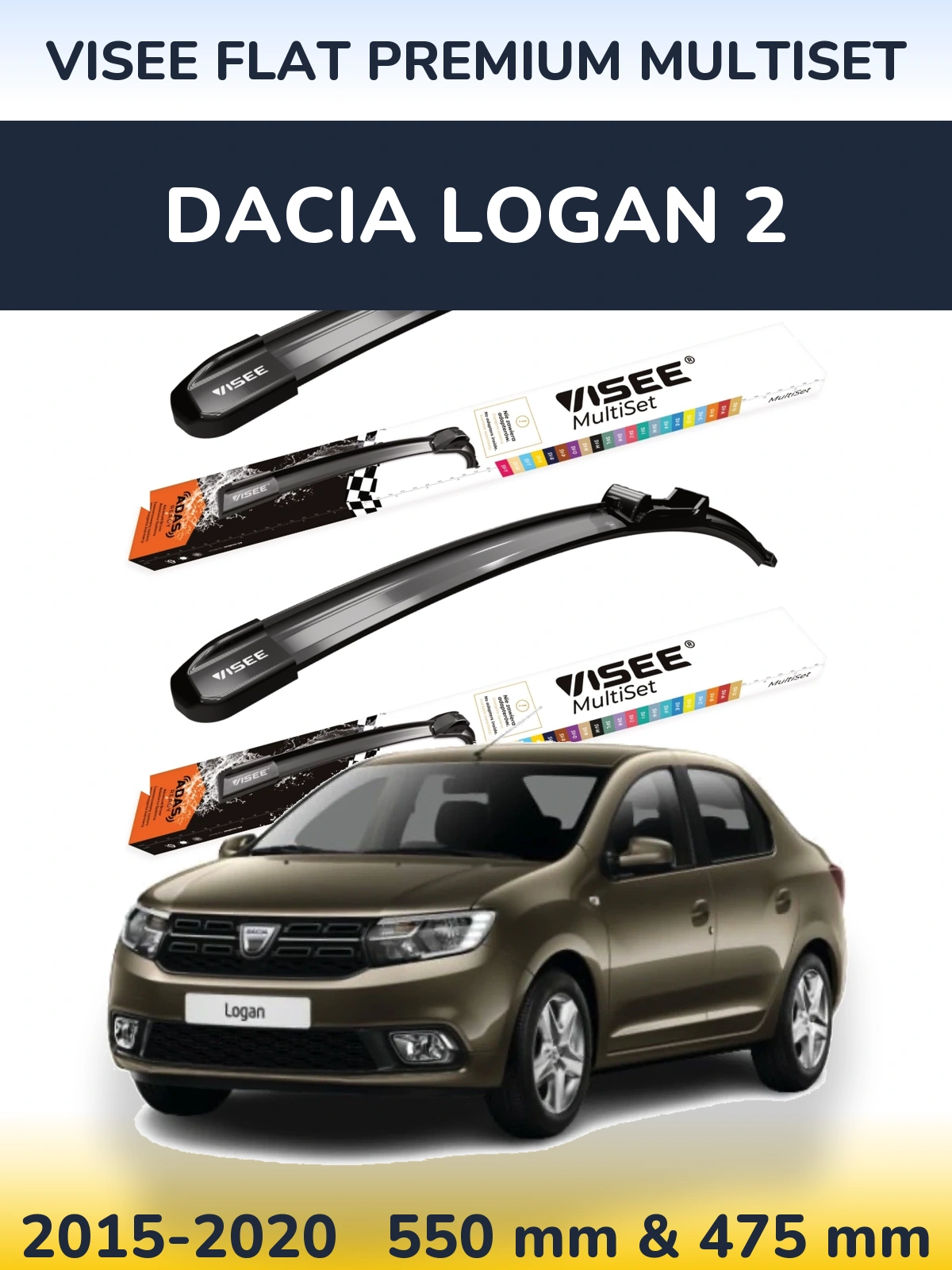 Komplet przednich wycieraczek VISEE FLAT PREMIUM MultiSet 550 & 475 mm do Dacia Logan 2 2015-2020