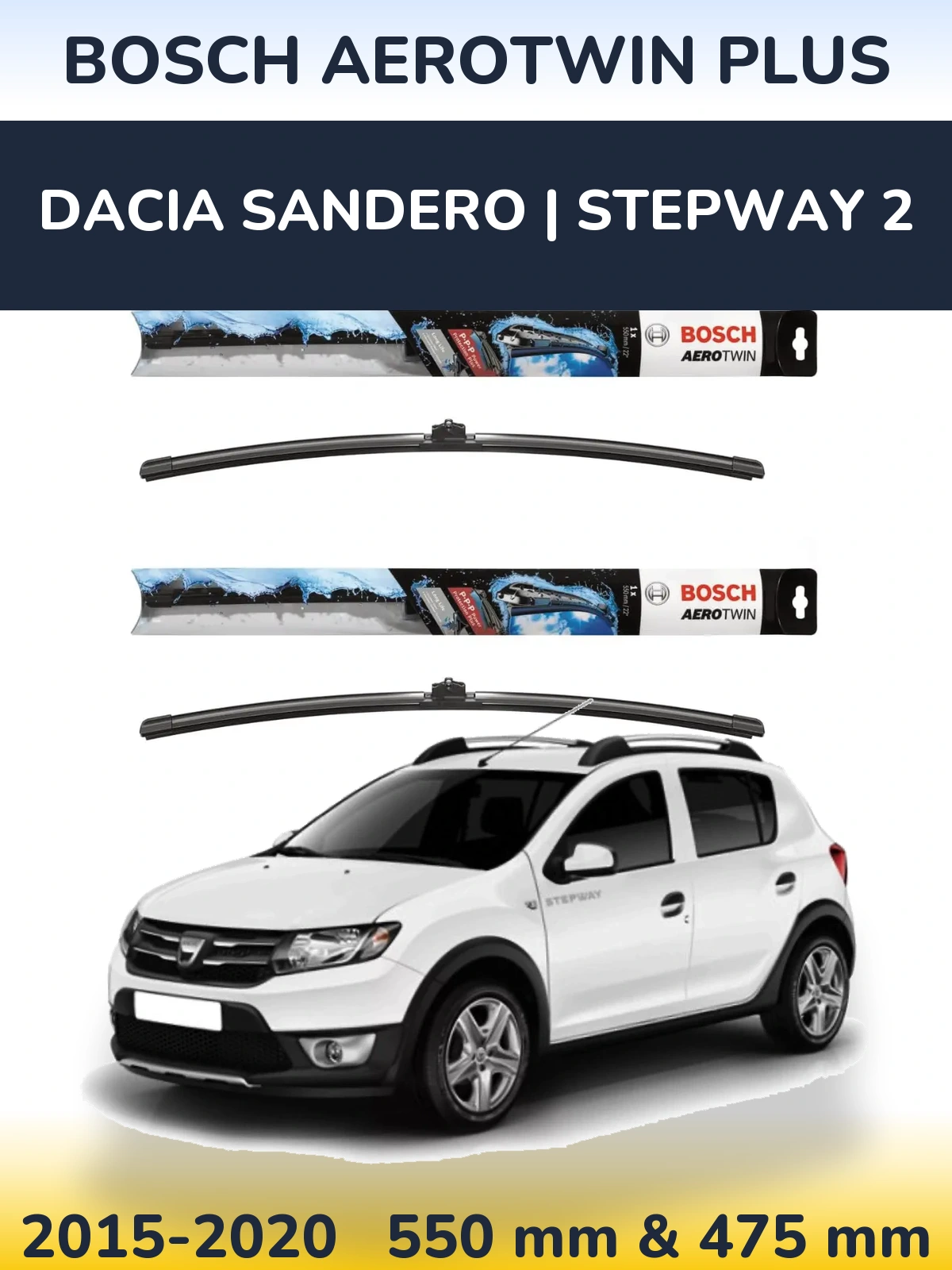 Komplet przednich wycieraczek BOSCH AeroTwin Plus 550 & 475 mm do Dacia Sandero | Stepway 2 2015-2020