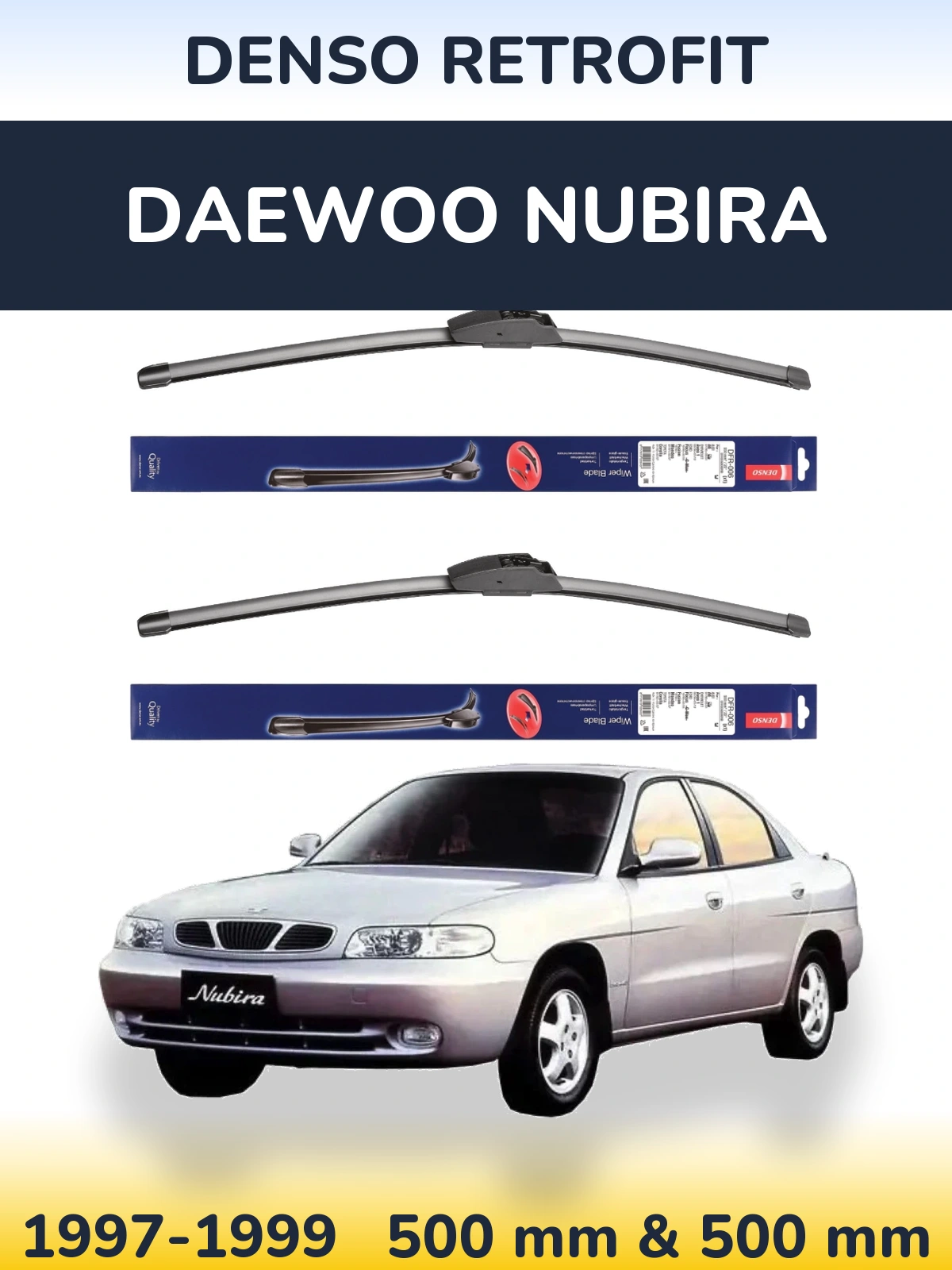 Front wiper blade set Denso Retrofit 500 & 500 mm for Daewoo Nubira 1997-1999
