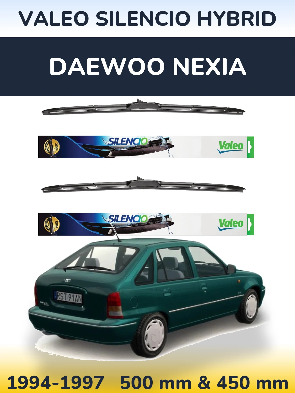 Front wiper blade set Valeo Silencio Hybrid 500 & 450 mm for Daewoo Nexia 1994-1997