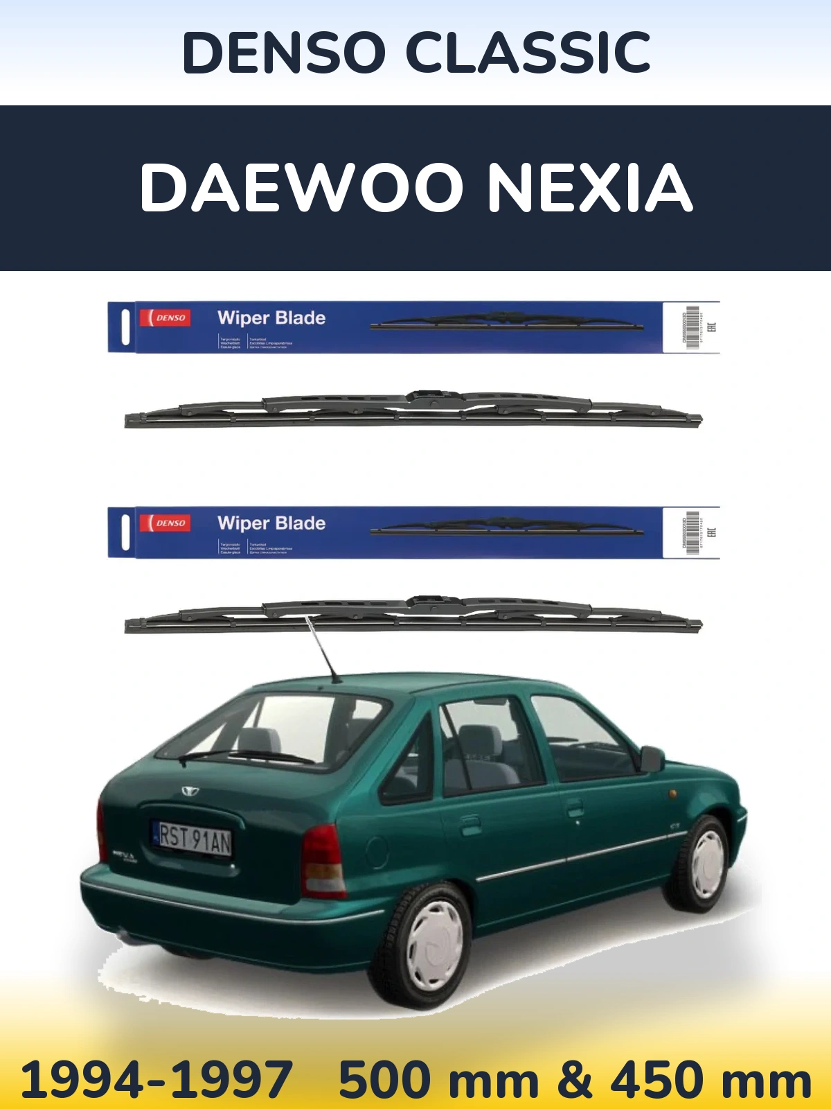 Front wiper blade set Denso Classic 500 & 450 mm for Daewoo Nexia 1994-1997