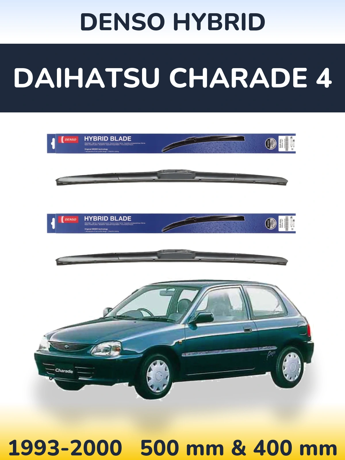 Front wiper blade set Denso Hybrid 500 & 400 mm for Daihatsu Charade 4 1993-2000