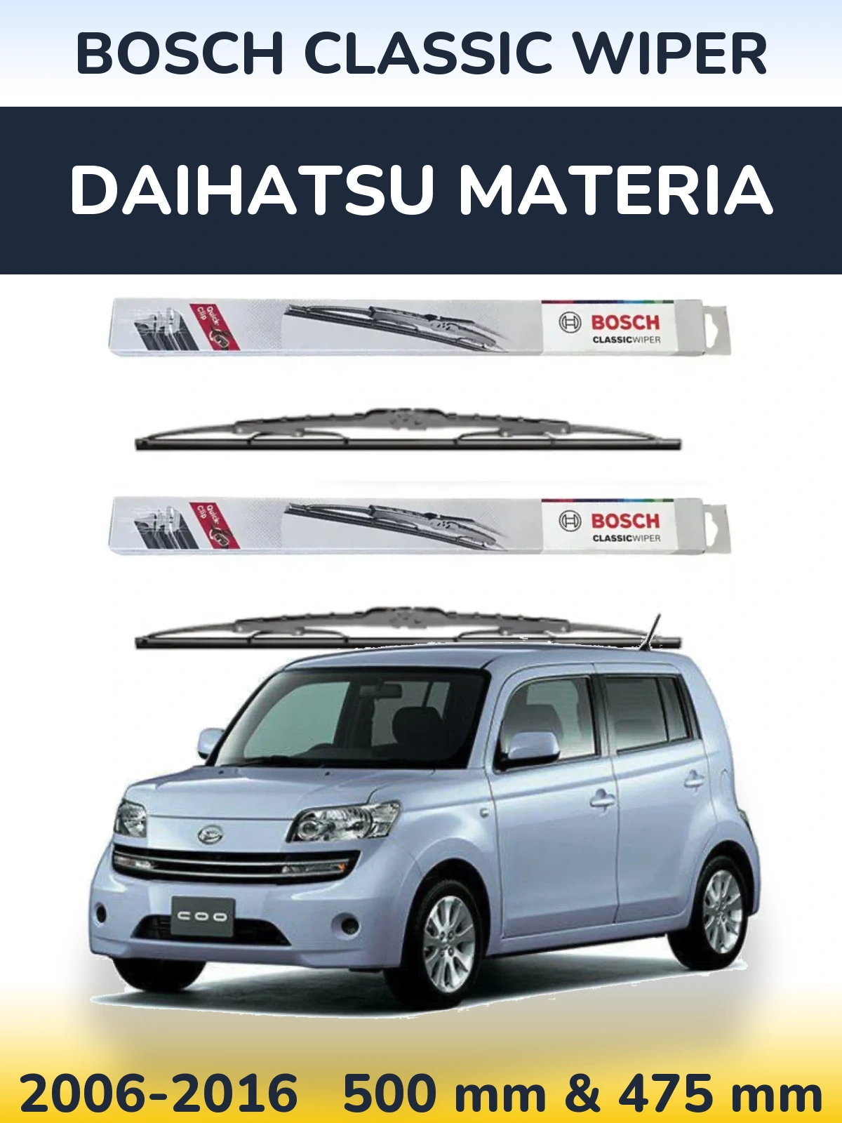 Комплект передних дворников BOSCH Classic Wiper 500 & 475 мм для Daihatsu Materia 2006-2016