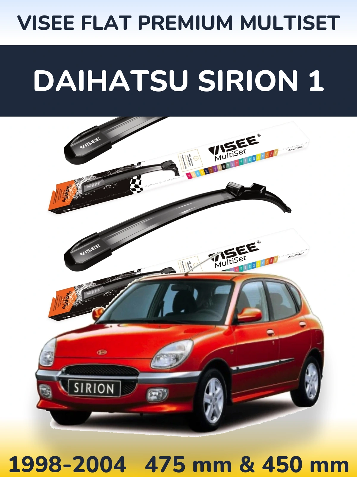 Front wiper blade set VISEE FLAT PREMIUM MultiSet 475 & 450 mm for Daihatsu SIrion 1 1998-2004
